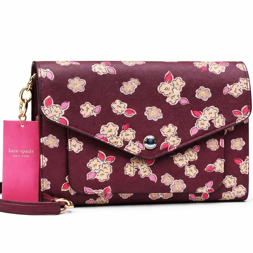 Kate Spade Flower Monogram Flap Crossbody Bag Burgundy Pink Wallet On Chain - Picture 3 of 10